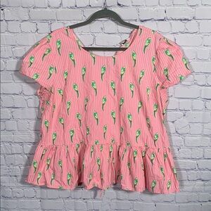 Crown & Ivy Womens Striped Parrot Print Blouse Ruffle Pink Size XXL Vacation